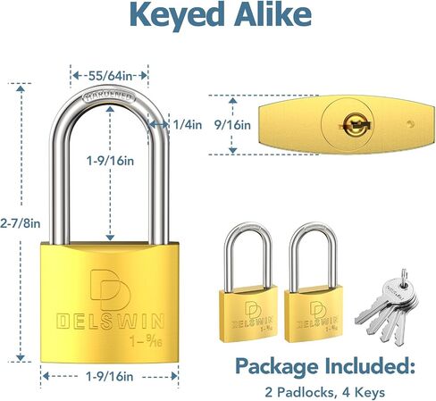 DELSWIN Weatherproof Padlock with Key - Heavy Duty Gym Locker Lock with 1-9/16" Solid Brass Lock Body, Hardened Steel Shackle, Marine Grade Pad Lock for Outdoor Gate, Fence, Shed (Keyed Alike, 2 Pack) in Saudi Arabia