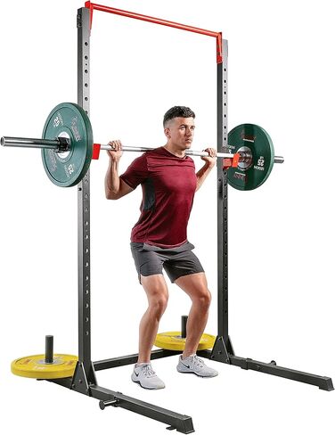 حامل القرفصاء الأساسي القابل للتعديل من Sunny Health & Fitness مع خطافات J، وقضيب سحب قابل للتعديل، وحاملات لوحة الوزن، وأعمدة شريط المقاومة، مقعد مائل اختياري، ومرفق سحب LAT للأسفل in Kuwait