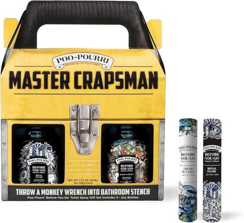 مجموعة هدايا Poo-Pourri، Go Toilet Spray، Master Crapsman، Royal Flush، ملح البحر المنعش 10 مل، أصفر in Kuwait