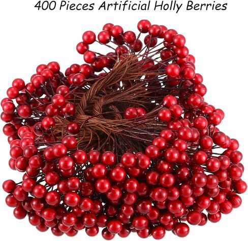 400 Pieces Artificial Holly Berries Christmas Fake Berries on 200 Pieces Wire Stems for Christmas Tree Decorations Craft Flower Wreath DIY Supplies (Wine Red) in Kuwait