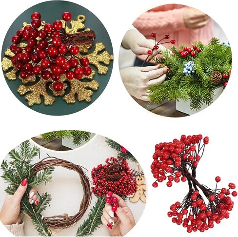 400 Pieces Artificial Holly Berries Christmas Fake Berries on 200 Pieces Wire Stems for Christmas Tree Decorations Craft Flower Wreath DIY Supplies (Wine Red) in Kuwait