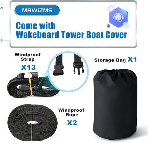 غطاء قارب برج واكيبورد، عالي التحمل مقاوم للماء بنسبة 100% فوق غطاء البرج لقارب بطولة الصيد على شكل حرف V مع غطاء قارب برج واكيبورد للتزلج (أسود، 23'-25'L، حتى 116 بوصة عرض) in Kuwait