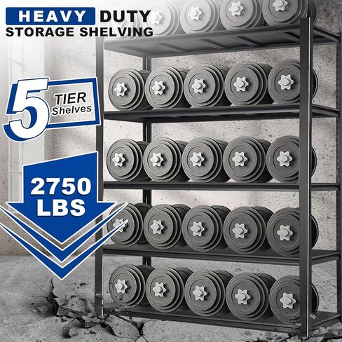 2750LBS 48 بوصة عرض × 24 بوصة عمق × 72 بوصة ارتفاع رفوف المرآب، أرفف تخزين صناعية ذات 5 أرفف شديدة التحمل، وحدات رفوف معدنية مع رف قابل للتعديل، أرفف فولاذية، أسود in Kuwait