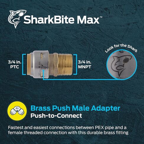 SharkBite Max 3/4 Inch MNPT Adapter, Push to Connect Brass Plumbing Fitting, PEX Pipe, Copper, CPVC, PE-RT, HDPE, UR134A in Saudi Arabia