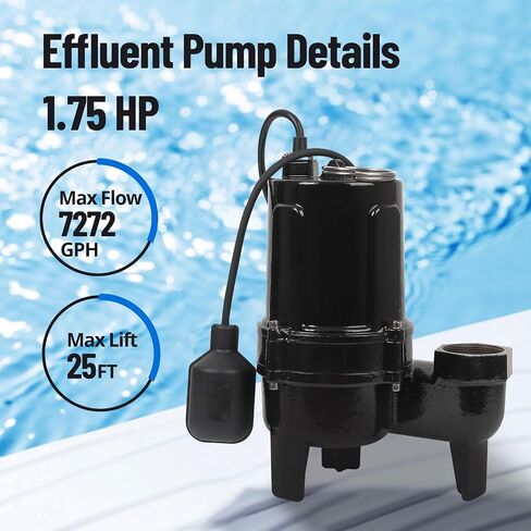 1 3/4 HP Submersible Sewage/Effluent Pump, 7272GPH Cast Iron Sump Pump with Vertical Float Switch & 10FT Power Cord, Sewage Grinder Pump for Sump Basin, Basements, Residential Sewage, Septic Tank in Saudi Arabia