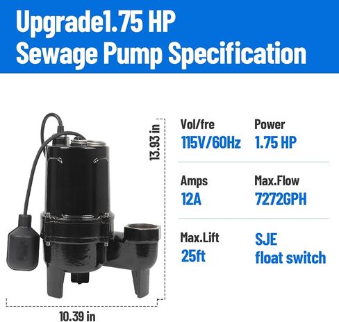 1 3/4 HP Submersible Sewage/Effluent Pump, 7272GPH Cast Iron Sump Pump with Vertical Float Switch & 10FT Power Cord, Sewage Grinder Pump for Sump Basin, Basements, Residential Sewage, Septic Tank in Saudi Arabia