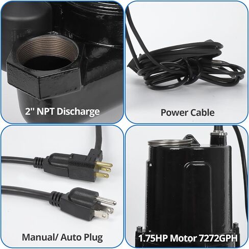 1 3/4 HP Submersible Sewage/Effluent Pump, 7272GPH Cast Iron Sump Pump with Vertical Float Switch & 10FT Power Cord, Sewage Grinder Pump for Sump Basin, Basements, Residential Sewage, Septic Tank in Saudi Arabia