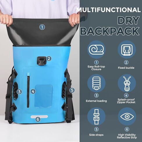 حقيبة ظهر مقاومة للماء من جومو سيلي للرجال، حقائب جافة في الهواء الطلق، حقيبة جافة مقاومة للماء 30 لتر، إغلاق علوي قابل للطي، حقيبة ظهر للسفر والمشي لمسافات طويلة للتجديف بالكاياك والتخييم والشاطئ باللون الأزرق in Kuwait
