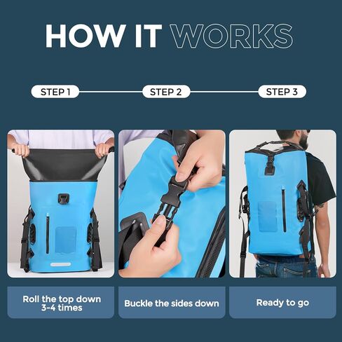 حقيبة ظهر مقاومة للماء من جومو سيلي للرجال، حقائب جافة في الهواء الطلق، حقيبة جافة مقاومة للماء 30 لتر، إغلاق علوي قابل للطي، حقيبة ظهر للسفر والمشي لمسافات طويلة للتجديف بالكاياك والتخييم والشاطئ باللون الأزرق in Kuwait