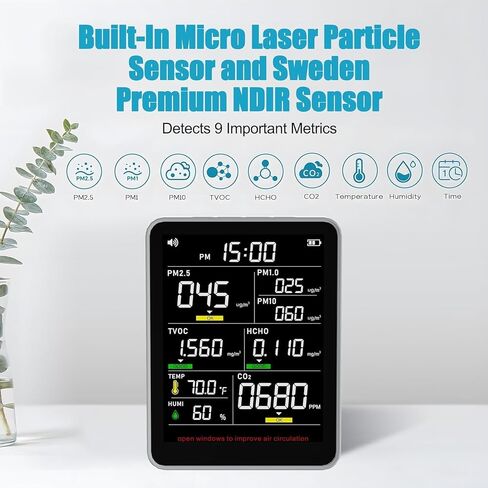 Xoopon 9-in-1 Professional Indoor Air Quality Monitor Indoor Portable PM2.5/PM10/CO2,Temperature, Formaldehyde Detector,Humidity TVOC,Time Display Air Quality Tester-Confined Space Clean Air Monitor in Saudi Arabia