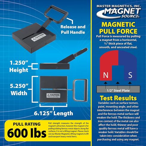 القابض المغناطيسي الرئيسي لسحب وانزلاق اللوحة الفولاذية، الطول 6.125 بوصة، العرض 5.8 بوصة، الارتفاع 1.25 بوصة لا يشمل المقبض، سحب 600 رطل، M479C in Kuwait