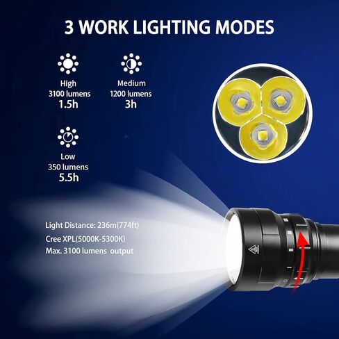 شعلة الغوص DX30 3100 لومن حتى عمق 100 متر، مصباح يدوي للغوص مع 3 * XPL LED، IPX8 مقاوم للماء تحت الماء، مصباح يدوي قابل لإعادة الشحن، بما في ذلك 2 * بطارية قابلة لإعادة الشحن وشاحن in Kuwait