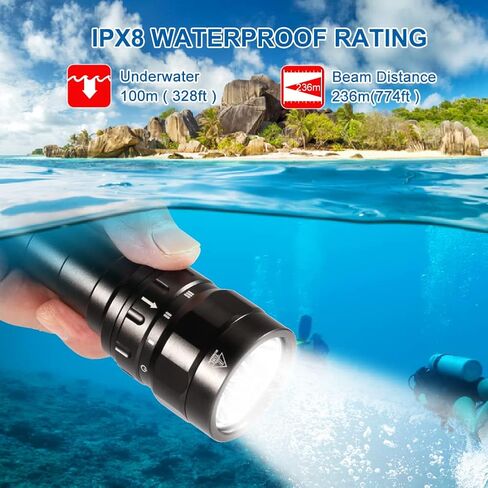 شعلة الغوص DX30 3100 لومن حتى عمق 100 متر، مصباح يدوي للغوص مع 3 * XPL LED، IPX8 مقاوم للماء تحت الماء، مصباح يدوي قابل لإعادة الشحن، بما في ذلك 2 * بطارية قابلة لإعادة الشحن وشاحن in Kuwait