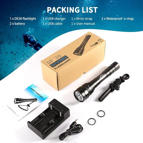 شعلة الغوص DX30 3100 لومن حتى عمق 100 متر، مصباح يدوي للغوص مع 3 * XPL LED، IPX8 مقاوم للماء تحت الماء، مصباح يدوي قابل لإعادة الشحن، بما في ذلك 2 * بطارية قابلة لإعادة الشحن وشاحن in Kuwait