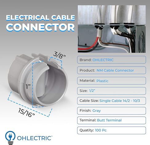 موصل كابل كهربائي OhLectric للأماكن الداخلية والخارجية - موصل غير معدني للكابلات المفردة والكابلات - سهل التركيب - موصل طرفي بعقب - ½ بوصة، رمادي - عبوة من 100 - OL-45873 in Kuwait