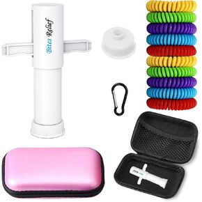 Bug Bite Itch Relief Suction Tool and 10Bracelets with Pink Carrying Case | Vacuum Venom Extractor Kid Friendly | First Aid & Nature Reduce for Bug Bite Sting for Hiking Camping & Outdoor Activities