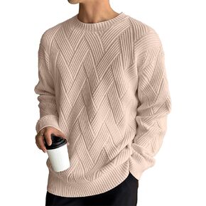 Mens Casual Crewneck Long Sleeve Sweater Diagonal Interlock Jacquard Pattern Sweater for Men