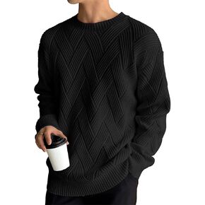 Mens Casual Crewneck Long Sleeve Sweater Diagonal Interlock Jacquard Pattern Sweater for Men