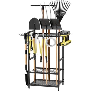 Garden Garage Tool Organizer - Yard Tool Organizer for Garage with 4 Hooks, Heavy duty Steel Garden Tool Rack Holds up to 48 Long Handled Yard tools for Storage