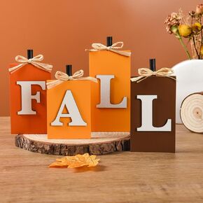 AllReal 4Pcs Fall Pumpkin Decorations Pumpkin Block Table Wooden Signs Autumn Thanksgiving Fall Tabletop Centerpieces for Home Office Mantle Tiered Tray Decor (Vintage)