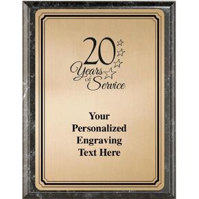 Crown Awards 20 Years of Service Plaque Award, 6x8 Personalized Gold Work Anniversary Employee Appreciation Metal Trophy On Black Marble Plaque with Custom Engraving Prime