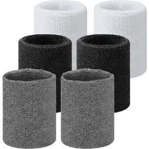 6 Pcs Wrist Sweatbands Cotton Terry Cloth Wrist Sweatbands Sports Tennis Basketball Wristband Elastic Wrist Sweatbands Thick Wrist Bands for Athletic Men and Women (Black White Gray)