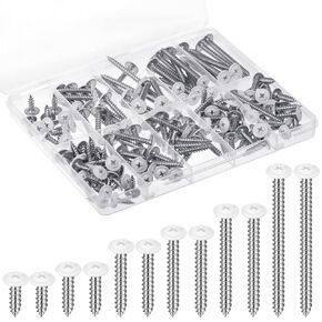 150PCS White Head Screws #8 Wood Screws 1/2", 3/4", 1",1-1/4", 1-1/2", 2" Size White Pan Cabinet Screws for Wood, Shutters,Book Shelf,Wall Plate,Shiplap,Blank Plates