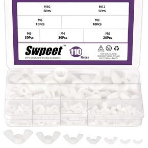 Swpeet 110Pcs 7 Sizes M3 M4 M5 M6 M8 M10 M12 Metric Black Nylon Wing Nuts Butterfly Nut Assorment Kit, Hand Twist Tighten Ear Butterfly Nut Plastic Fastener Nuts for Home Automotive Shop Fasteners Use