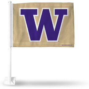 Rico Industries NCAA Washington Huskies Gold Double Sided Double Sided Car Flag - 16" x 19" - Strong Pole that Hooks Onto Car/Truck/Automobile