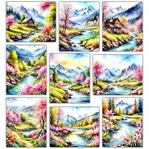 Spring Wall Art Decor - Flower Leaves Trees River Landscape Watercolor Painting Collage Aesthetic Pictures for Living Room Bedroom Country Side Rustic Vintage Farm Farmhouse - 8x10 UNFRAMED Photos