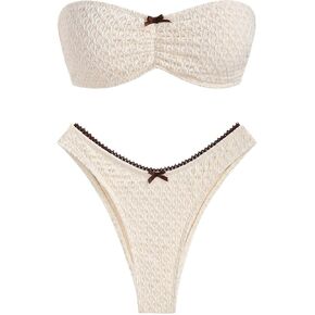 ZAFUL Women's Strapless Bikini Openwork Textured Bow Ruched Lace Up High Cut Bandeau Swimsuit Bathing Suits