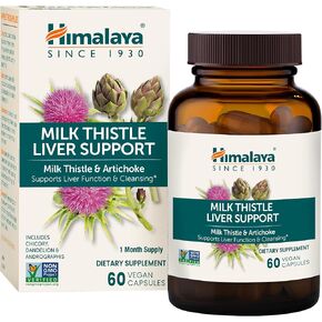 Himalaya Milk Thistle Liver Support Capsules, 60 Count, 350 mg Milk Thistle with Artichoke, Chicory, Andrographis & Dandelion, Supports Liver Function & Cleansing