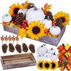 Winlyn Bulk Assorted Artificial White Pumpkins Fall Centerpiece Artificial Maple Leaves in Rectangle Whitewashed Wooden Box Fall Thanksgiving Table Decoration