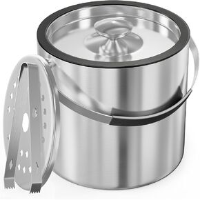 3.2L Ice Bucket with Silicone Lid, Tongs & Strainer, Double Wall Stainless Steel Insulated Black Ice Bucket for Parties & Cocktail Bar, Keep Ice Frozen Longer