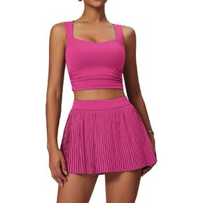 BOCIW 2 Piece Tennis Dresses for Women High Waisted Pleated Skirt Sets Square Neck Workout Crop Tank Tops Golf Outfits