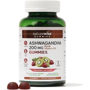 علكة NatureWise Ashwagandha - فراولة الكيوي - KSM-66 أشواغاندا مع فيتامين D3 - دعم المزاج المهدئ - نباتي - غير معدّل وراثيًا، خالي من الجيلاتين والغلوتين - عدد 180 [كمية لمدة 3 أشهر] in Kuwait