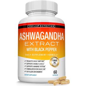 Organic Ashwagandha Root Powder Pills 1950 Mg with Black Pepper Extract - Pure Natural Ashwagandha Supplement, Support Energy, for Men Women, 60 Capsules