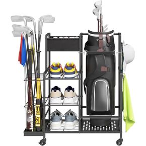 Lifewit Golf Bag Organizer, Golf Bag Stand, Golf Club Holder with Wheels, 4 Removable Hooks, Shoe racks for Golf Equipment Accessories, Golf Organizers and Storage for Garage, Basement, Shed