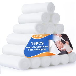 Gauze Bandage Rolls - 15PACK Gauze Rolls Gauze Bandage Wrap Gauze Wrap Rolled Gauze First Aid Wrap Wound Care Kit Individually Wrapped