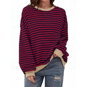 Women's Oversized Striped Sweatshirt 2024 Fall Pullover Color Block Tunic Tops Outfits with Pocket