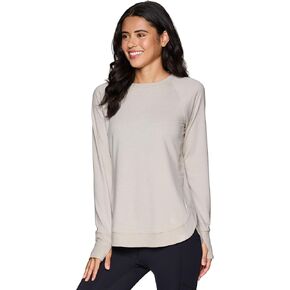 RBX Women's Workout Top, Active Fashion Long Sleeve Yoga Tunic Lightweight French Terry Sweatshirt Pullover with Thumbholes