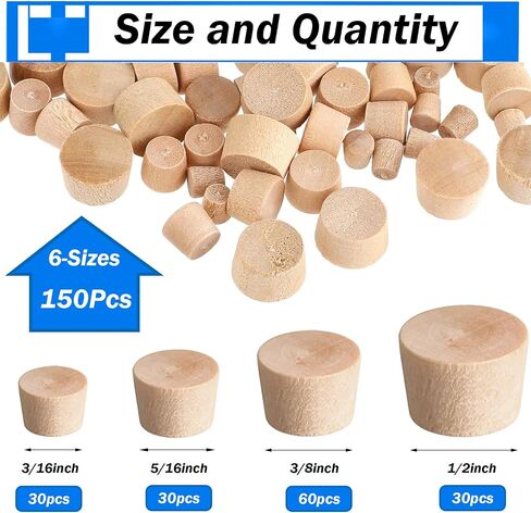 smseace 150Pcs 4-Sizes Wood Plugs 3/16" 5/16"，3/8"，1/2" Wooden Hole Plugs for Holes in Furniture/Table and Chair Legs/Cabinet Reserved Holes/Outdoor Equipment Wood Plugs Assortment Kit in Saudi Arabia