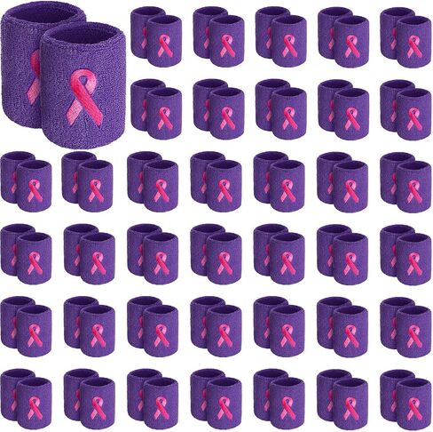 Leyndo 100 Pcs Pink Ribbon Wrist Bands Breast Cancer Awareness Wrist Sweatbands Gymnastics Sports Wristbands Cotton Arm Bands Football Wristbands for Men Women Working Out in Saudi Arabia