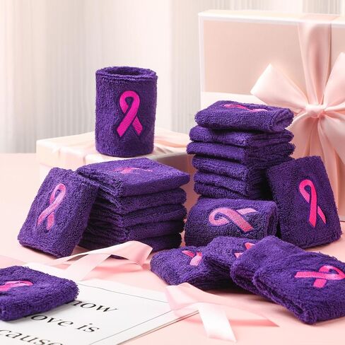 Leyndo 100 Pcs Pink Ribbon Wrist Bands Breast Cancer Awareness Wrist Sweatbands Gymnastics Sports Wristbands Cotton Arm Bands Football Wristbands for Men Women Working Out in Saudi Arabia