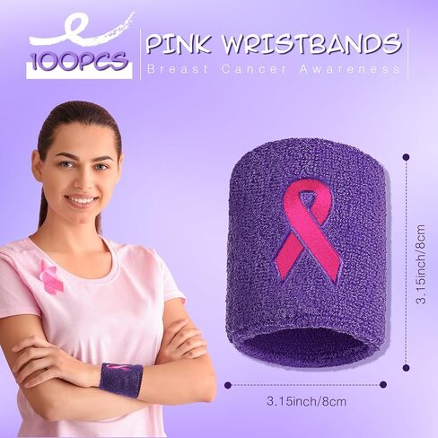 Leyndo 100 Pcs Pink Ribbon Wrist Bands Breast Cancer Awareness Wrist Sweatbands Gymnastics Sports Wristbands Cotton Arm Bands Football Wristbands for Men Women Working Out in Saudi Arabia
