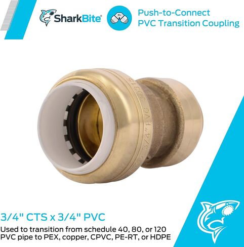SharkBite 3/4 Inch CTS x 3/4 Inch PVC Transition Coupling, Push to Connect Brass Plumbing Fitting, PEX Pipe, Copper, CPVC, PE-RT, HDPE, UIP4016A in Saudi Arabia