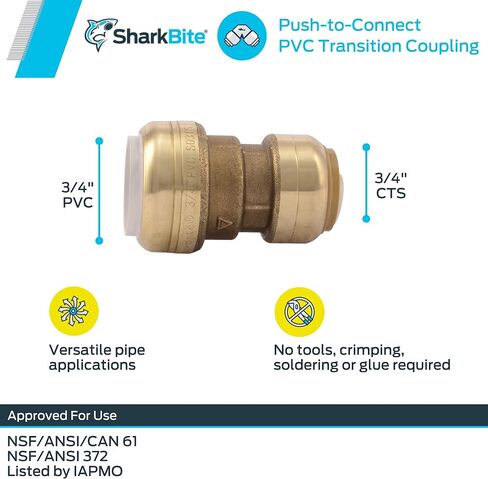 SharkBite 3/4 Inch CTS x 3/4 Inch PVC Transition Coupling, Push to Connect Brass Plumbing Fitting, PEX Pipe, Copper, CPVC, PE-RT, HDPE, UIP4016A in Saudi Arabia