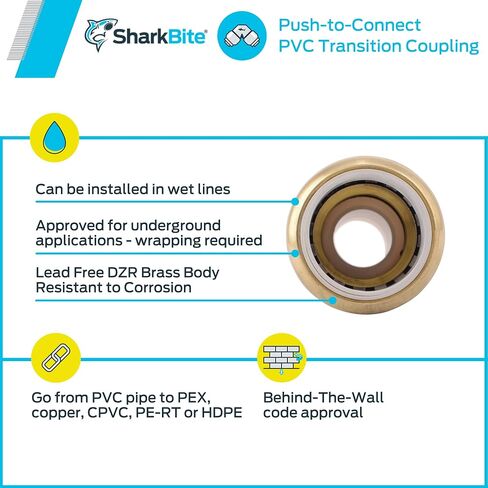 SharkBite 3/4 Inch CTS x 3/4 Inch PVC Transition Coupling, Push to Connect Brass Plumbing Fitting, PEX Pipe, Copper, CPVC, PE-RT, HDPE, UIP4016A in Saudi Arabia