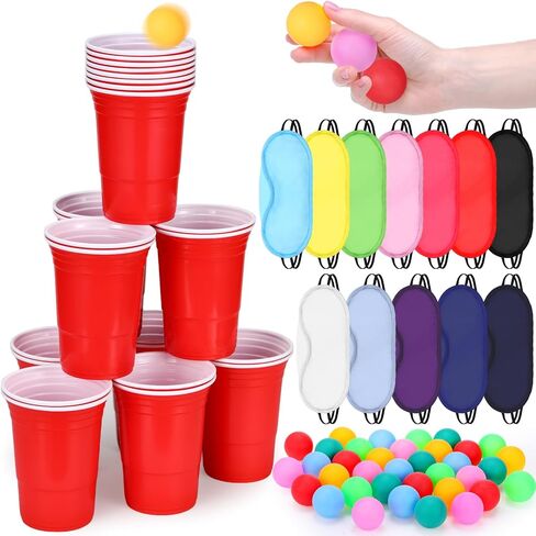 72 Pcs Pitch Games for Adults with 24 Pcs 18oz Plastic Cups in Red 36 Pack Table Tennis Balls 12 Pcs Eye Mask Pitch Game Sets Family Outdoor Indoor Party Creative Games in Saudi Arabia