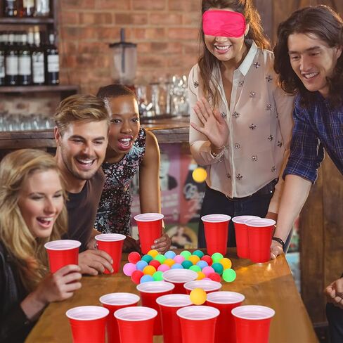 72 Pcs Pitch Games for Adults with 24 Pcs 18oz Plastic Cups in Red 36 Pack Table Tennis Balls 12 Pcs Eye Mask Pitch Game Sets Family Outdoor Indoor Party Creative Games in Saudi Arabia